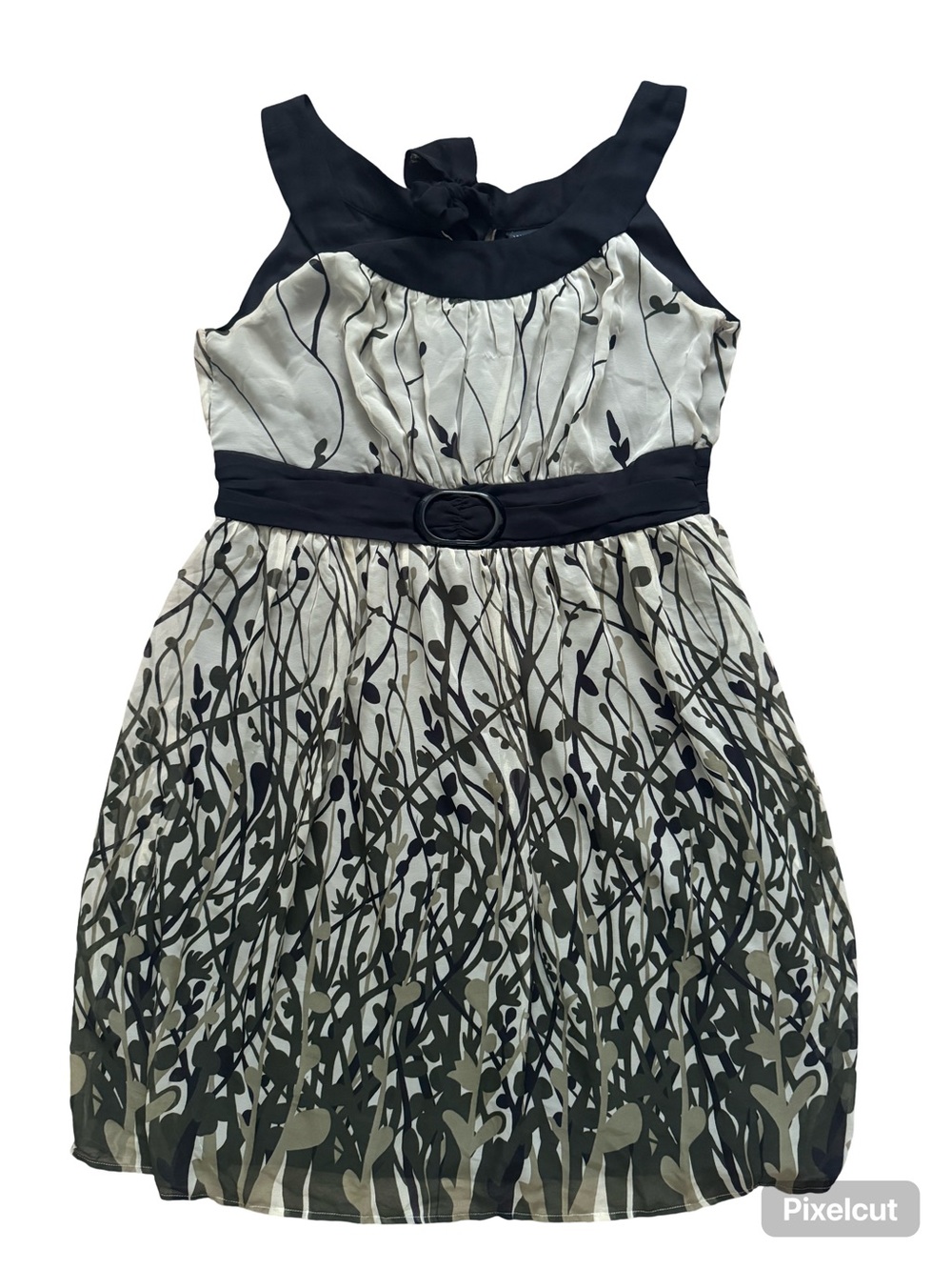 Lane Bryant Black, Green and Ivory Floral Belted Dress-C7